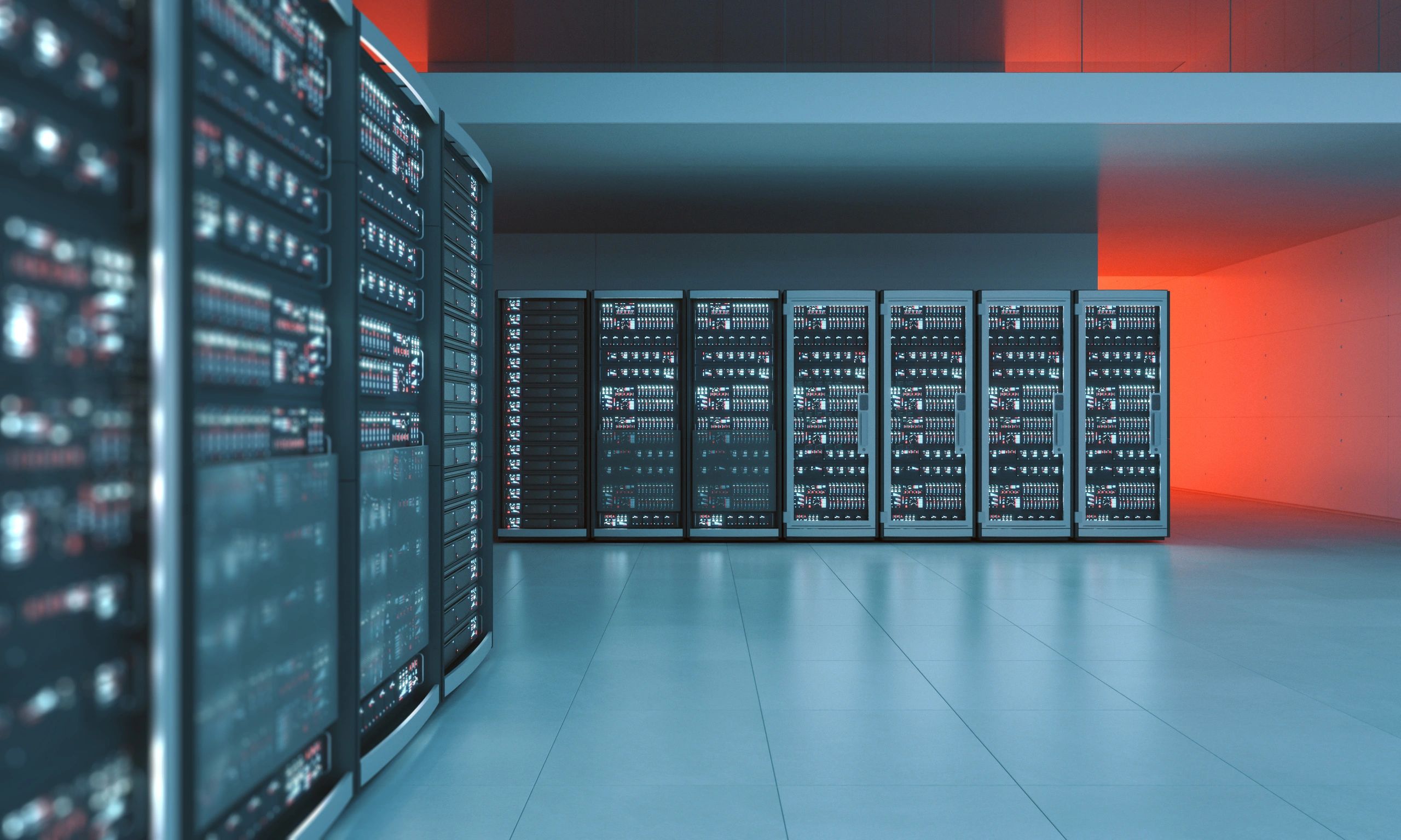Modern clean data center with illuminated servers