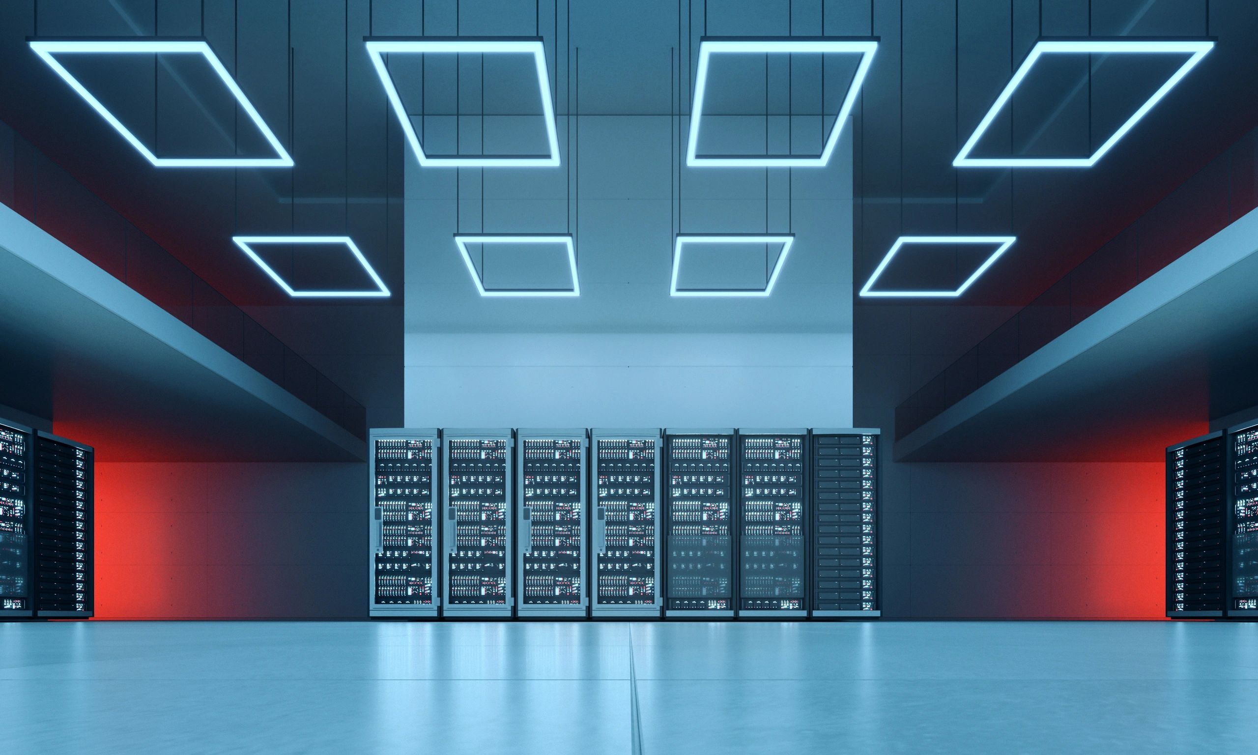Futuristic data center hall with server racks