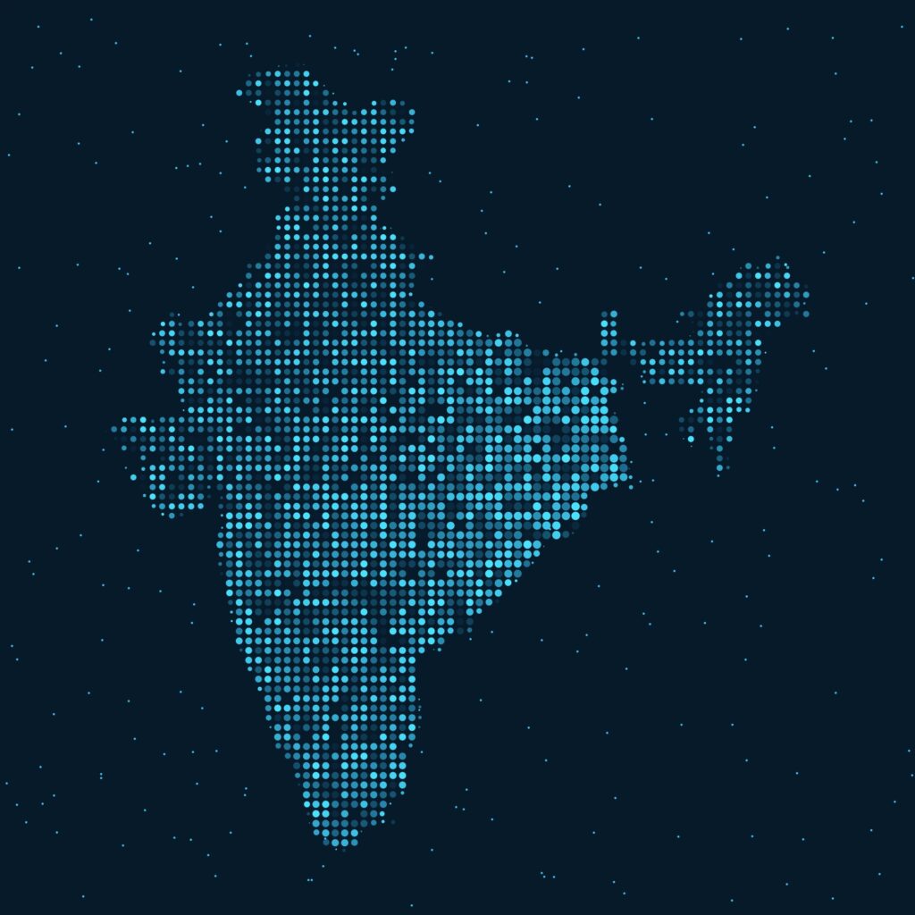 Abstract Dotted Halftone with star effect in dark background with map of india. Digital dotted technology line, design sphere, dot and structure. vector illustration