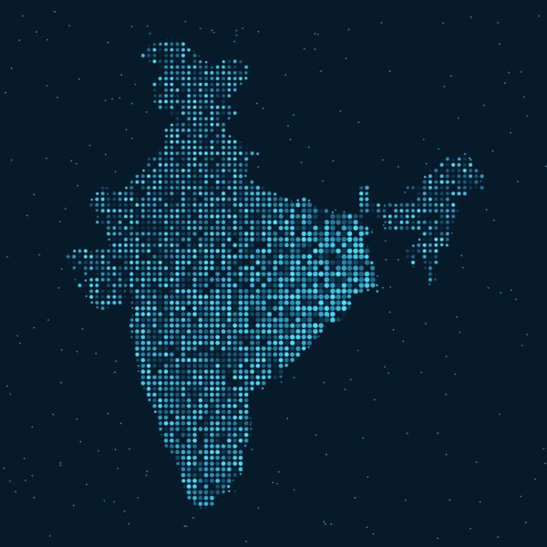 Abstract Dotted Halftone with star effect in dark background with map of india. Digital dotted technology line, design sphere, dot and structure. vector illustration
